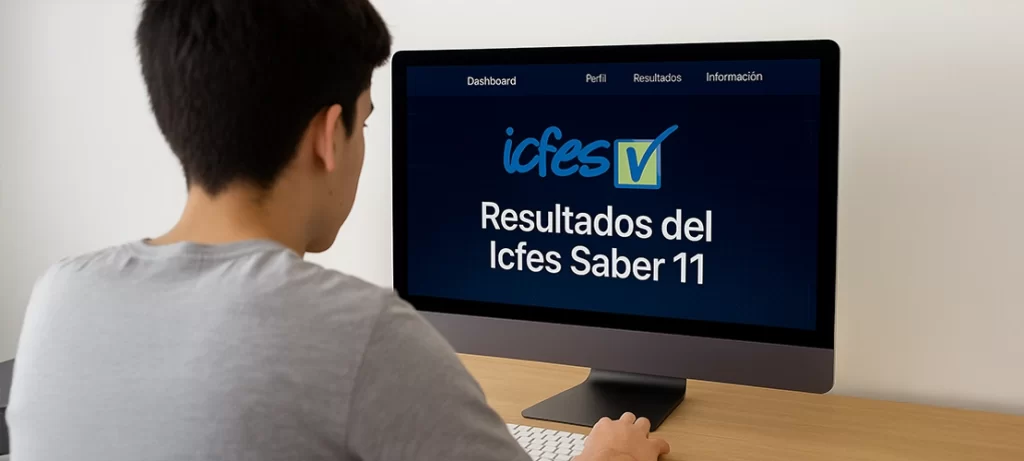 Estudiante revisando cuándo salen los resultados del Icfes Saber 11 con un dashboard educativo.